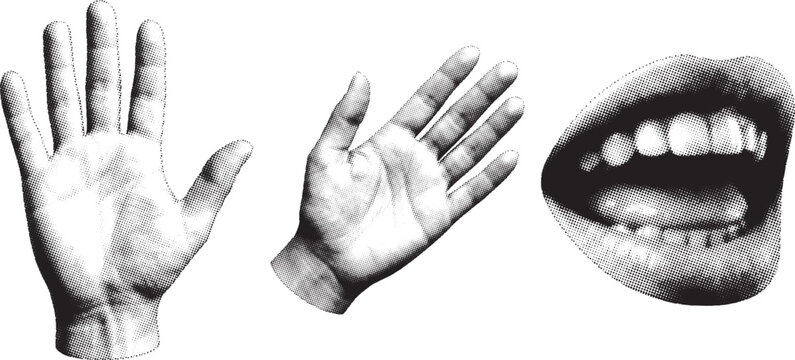 Halftone graphic of two open hands and a mouth during a conceptual communication