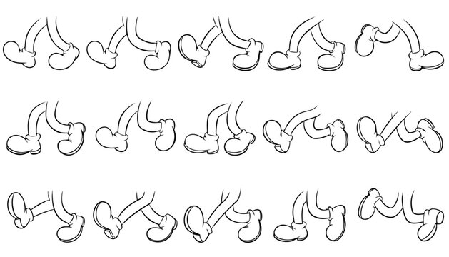 Comprehensive collection of 18 distinct cartoon legs and feet illustrating various walk cycle animation poses in black and white vector art.