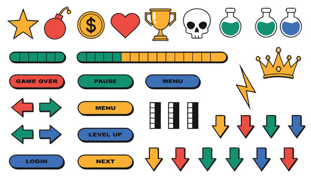 Comprehensive sprite sheet of 2D game user interface elements, including buttons, icons, and progress bars for video games.