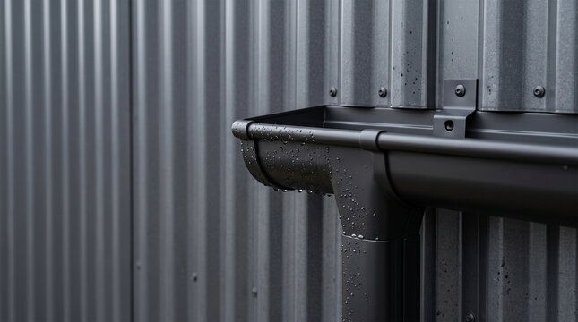 Close-up of a black metal rain gutter with water drops on a corrugated metal wall