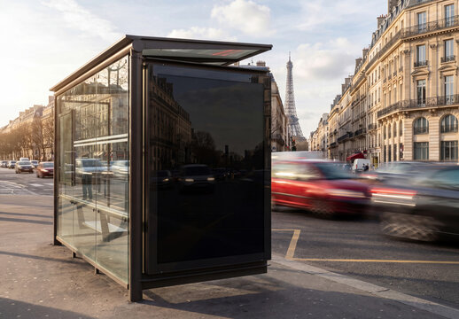 Billboard bus stop in Paris City Mockup with view on Eiffel Tower during bright sunny day. Generative ai