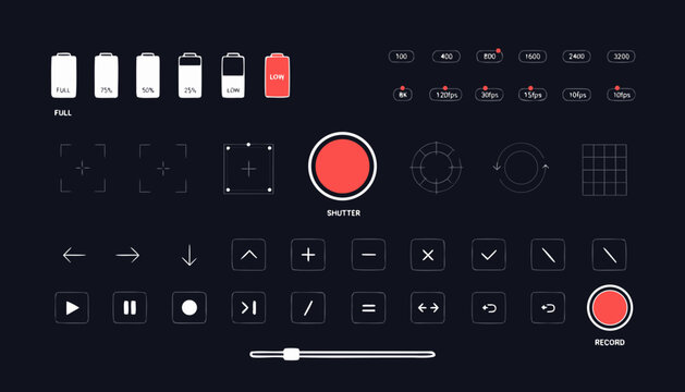 Minimalist hand-drawn digital UI asset sheet with camera and video recording controls on dark background.