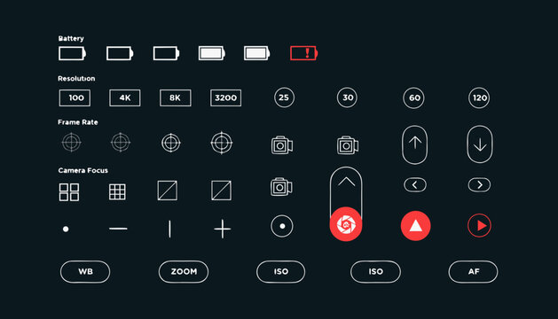 Minimalist hand-drawn digital UI asset sheet with camera settings for photography on dark background.