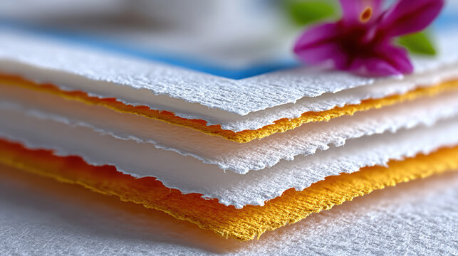 Layered torn paper deckle edge texture background with pastel floral accent for invitation and greeting card design