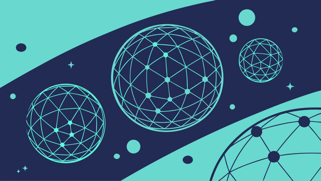 High-tech digital art composition featuring interconnected wireframe spheres representing global data network.