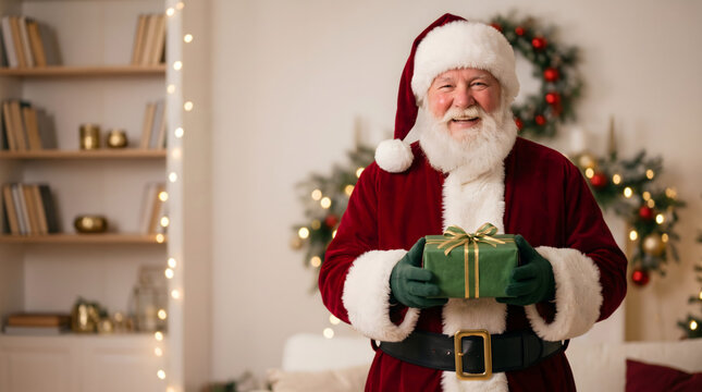 Santa Claus, Christmas Portrait, Friendly Santa Claus standing smiling and looking at camera holding a gift