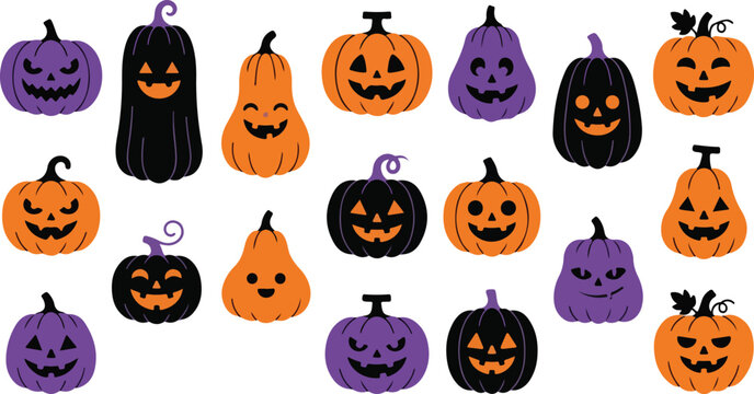 Helloween jack o' lanterns festive halloween pumpkins in orange black and purple vector illustration