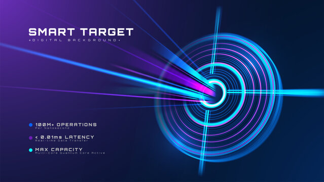 Blue Cyber Target Data Background, Future Technology Concept With Fast Beam Glow Neon Line Graphic Design.