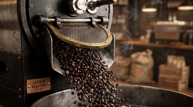 Freshly roasted coffee beans pouring from vintage artisan roaster machine