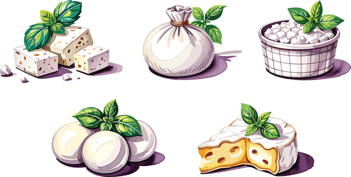 Cheese variety illustration set featuring labeled gourmet feta cubes burrata pouch cottage ricotta bowl mozzarella balls and creamy brie wheel sections