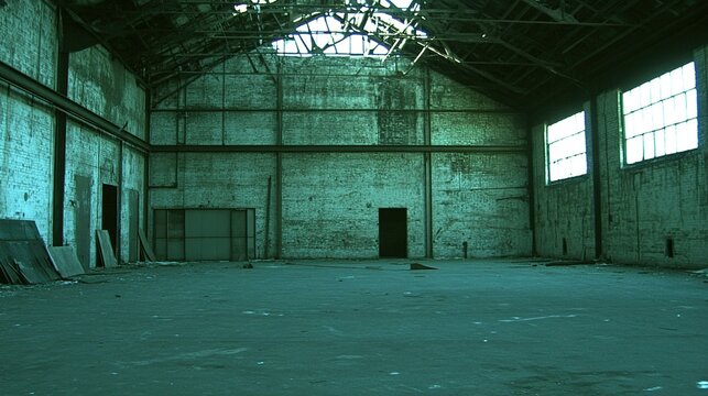 Abandoned Industrial Warehouse Interior with High Ceilings and Dim Natural Light