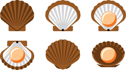Scallop shell icons set featuring closed brown bivalves open clams and large shiny pearls inside for luxury jewelry and marine branding designs © HELEN QUEEN