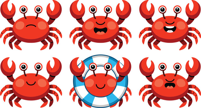 Crab cartoon emotes set featuring cute red sea creatures with different facial expressions and a striped blue lifesaver ring for sticker assets