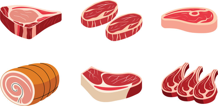 Beef and pork cuts vector set featuring bone-in ribeye steaks t-bone fillet medallions rolled roast and lamb chops for butcher shop menu branding