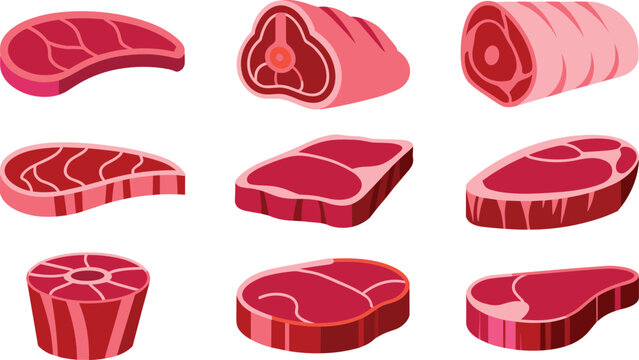 Raw meat cuts collection featuring fresh beef steaks pork chops ribs brisket and fillet pieces for butcher shop branding and barbecue menu designs