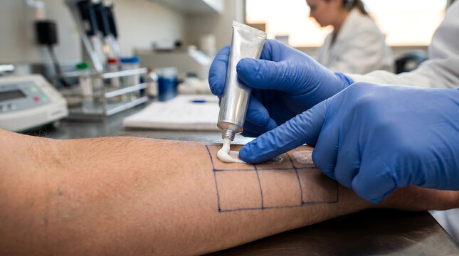 Close up of researcher hands in blue gloves applying cream or ointment from a tube onto grid lines marked on a patient arm for clinical allergy patch skin testing