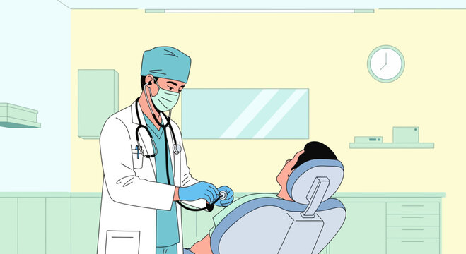 Dentist examining patient in chair, sterile dental clinic clinic interior