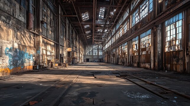Abandoned Industrial Warehouse Interior with Rusted Metal Structures, Cracked Windows, and Dramatic Sunlight Beams