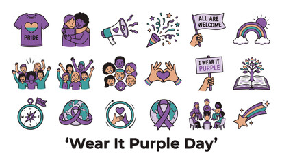 Fototapeta premium Hand-drawn Purple Icon Collection for 'Wear It Purple Day' Featuring Diversity, Inclusion, and LGBTQ+ Youth Support