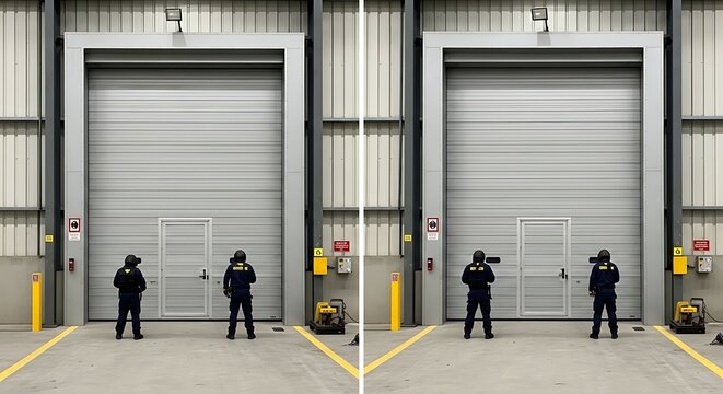 Uniformed Security Guards Standing Before Large Industrial Roller Doors at Warehouse
