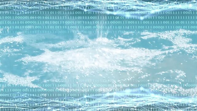 binary code and data grid over flowing water jet, blue motion graphics overlay concept for digitization and tokenization of water 