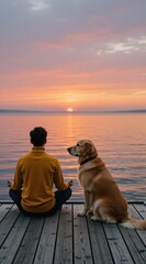 Fototapeta premium Man meditates on dock at sunset beside golden retriever dog. Calm water reflects orange sky, couple enjoys quiet moment, peace, and togetherness.