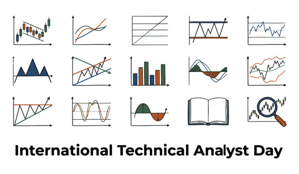 Set of Financial Technical Analysis Charts and Graphs Vector Illustration with 'International Technical Analyst Day' text