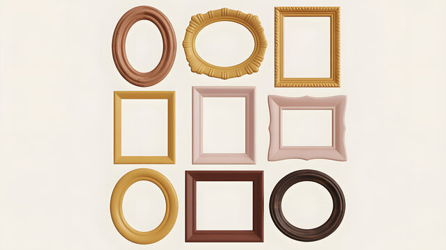 Collection of Empty Picture Frames in Various Shapes and Colors