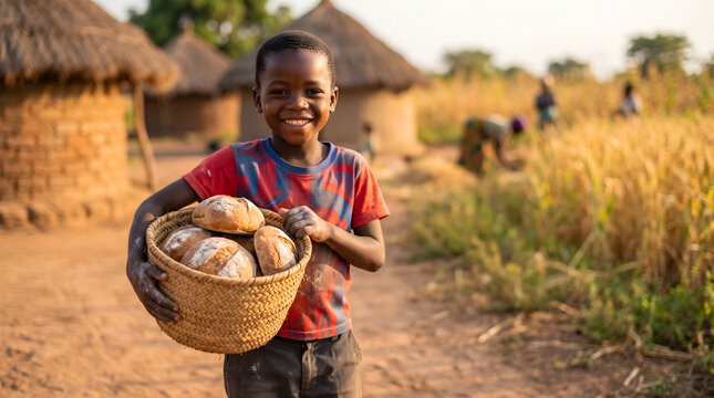 African Childhood, Rural Harvest, African child with basket of bread smiling in Africa
