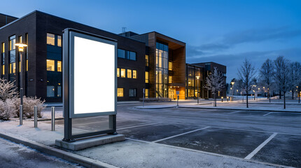 Naklejka premium Billboard in front of office building at dusk