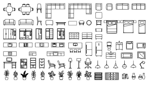 cad, architectural, furniture, interior, outline, icon, library, blueprint, drafting, floorplan, layout, room, residential, apartment, sofa, table, chair, bed, wardrobe, kitchen, bathroom, office, lig
