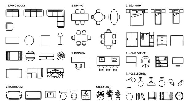 interior, furniture, outline, icon, icons, cad, floorplan, blueprint, architecture, home, house, room, sofa, chair, table, bed, kitchen, bathroom, wardrobe, desk, lamp, plant, layout, topview, plan, v