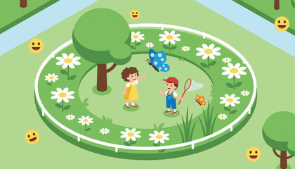 Fototapeta premium Children playing in a beautiful garden with flowers and butterflies using a net for a fun and educational outdoor experience.