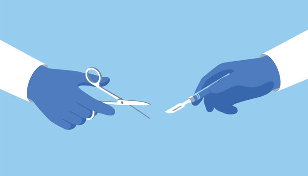 Two gloved hands holding surgical instruments like scissors and a scalpel representing precision and expertise in medical surgery.