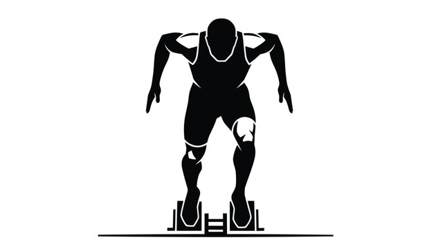 Silhouette of a male athlete at the starting blocks in a track and field race ready to sprint in an intense sports performance.