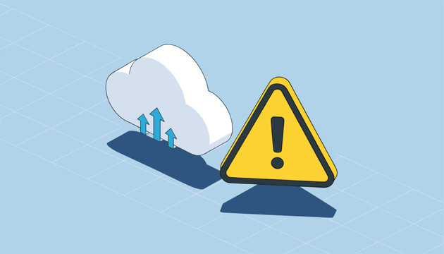 Cloud computing icon with a warning sign indicating data upload issues or security alerts for network management.