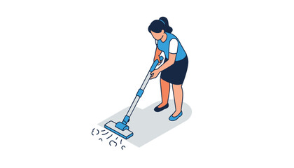 Fototapeta premium Person cleaning the floor with a modern vacuum cleaner, keeping the office space tidy and professional in an isometric style.