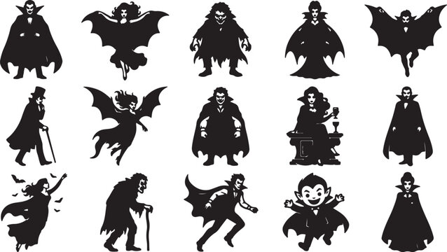 Set of black silhouettes of scary vampires and spooky bats for halloween celebration and dark design