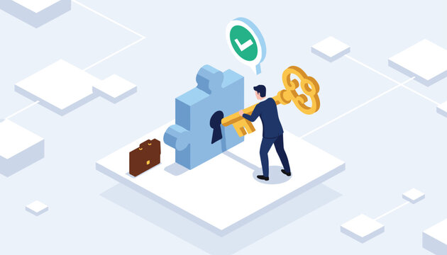 Businessman inserting a large golden key into a puzzle piece shaped lock in an isometric conceptual scene about success and problem solving.