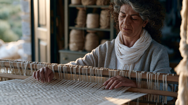 Roma textile artisan in a community workshop hand-weaves a geometric pattern on a rigid heddle loom, fingers guiding weft threads between alternating warp strands, spools of
