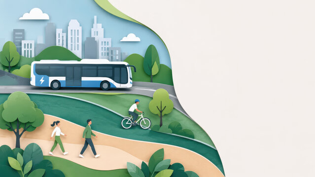 Electric bus and cyclists illustrate sustainable urban mobility with copy space