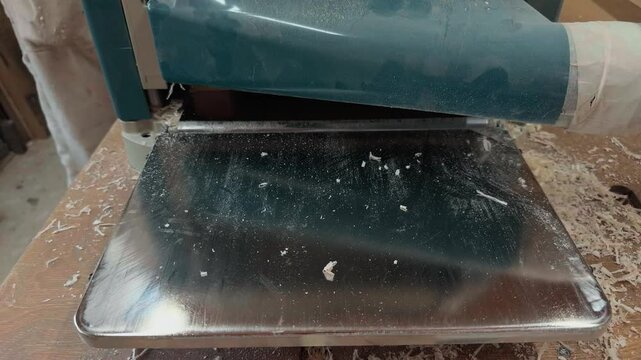 Authentic Close Up Handheld B-Roll Of Finished Timber Planks Exiting Thickness Planer Machine Onto Shiny Metal Outfeed Table Forming A Row Before Unrecognizable Carpenter Hands Remove Them