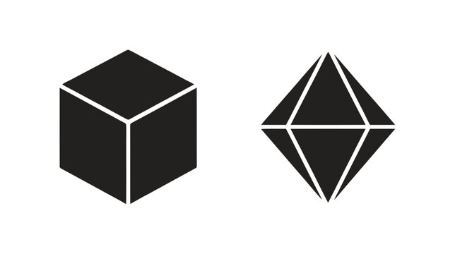 Vector illustration of black geometric shapes icons, cube and octahedron vector illustration on a transparent background