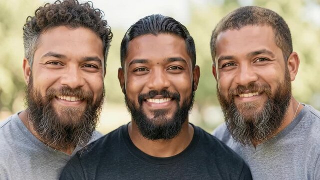 A candid of three young men dressed casually, posing together outdoors. They are bearded and have bright smiles on their faces, creating a cheerful atmosphere.