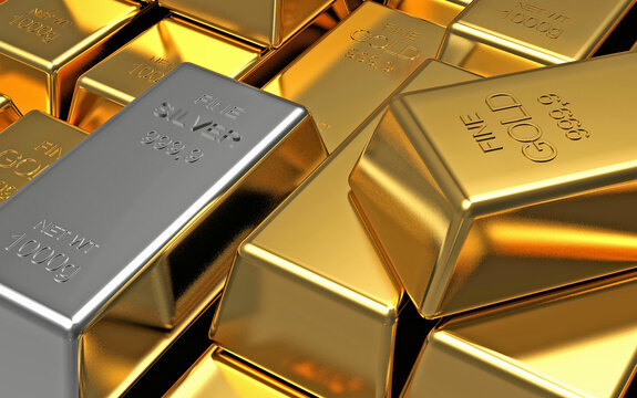 Close-up of stacked gold bullion bars with one silver bar among them, showing polished precious metal ingots associated with wealth, investment, finance, and 3D render