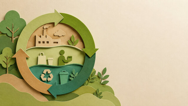 Circular economy recycling cycle connects industry consumers waste and nature