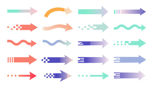 Diverse collection of dynamic arrows with gradient, motion blur, and dotted patterns for digital UI design use