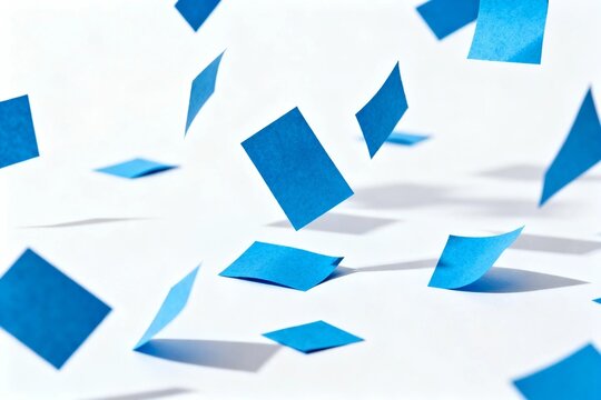 Blue Paper Pieces in Motion Against White Background