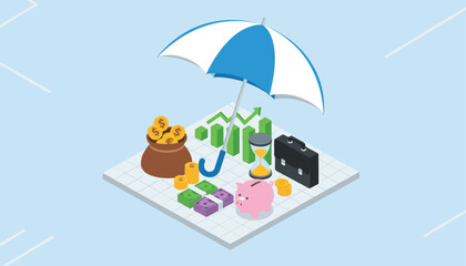 Fototapeta premium Umbrella protecting money and business assets symbolising financial security investment growth and protection against economic instability and risk.