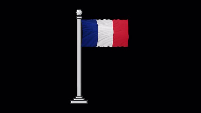 France Country Flag Fluttering on Pole Isolated, Motion Graphic Loop with Transparency 4K Video
